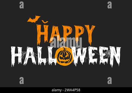 Happy Halloween Textbeschriftung Typografie mit Dekorationselementen auf schwarzem Hintergrund, Vektor-Illustration Stock Vektor
