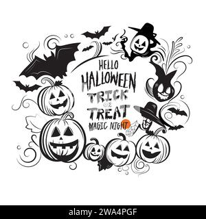 Halloween Hintergrund Dekoration mit Jack o Laterne Kürbisse und Text Design, Doodle Zeichnung Stil Vektor Grafik Stock Vektor