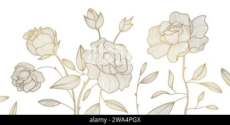 Vektor Goldlinie Blumenmuster, Luxus Kunst Hintergrund. Blätter und Rosen abstrakte Tapete, Textur Pflanze Ornament, Hochzeit Illustration Stock Vektor