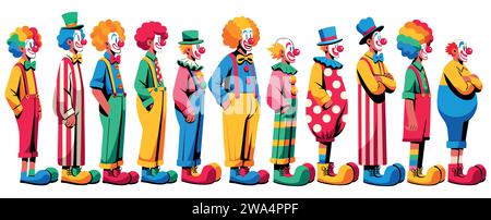 Flache Illustration einer Gruppe von Clowns, die in der Reihe stehen. Stock Vektor