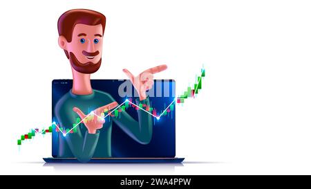 Börsenhändler auf dem Bildschirm Laptop zeigen Grafik zu Finanzinvestitionen. 3D-Vektorzeichen des Börsenhändlers. 3D-Zeichentrickfilm lächelnder Mann auf dem Bildschirm l Stock Vektor