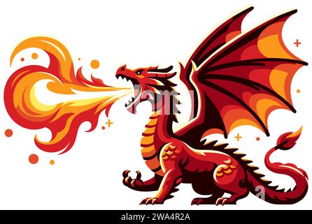 Flache Illustration eines roten Drachen auf weißem Hintergrund. Stock Vektor