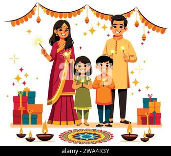 Flache Illustration einer glücklichen indischen Familie in traditioneller Kleidung, die Diwali feiert. Stock Vektor