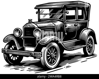 Holzschnitt-Illustration eines Oldtimers in Schwarz-weiß. Stock Vektor