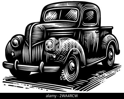 Holzschnitt-Illustration eines Vintage-Pickup-Trucks in Schwarz-weiß. Stock Vektor
