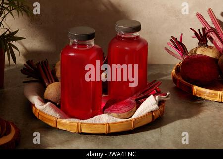 Vorderansicht von zwei Glasflaschen ohne Marke auf Bambustablett mit frischen Rote-Bete-Scheiben auf braunem Hintergrund mit natürlichem Schatten an der Wand. Szene f Stockfoto