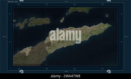 Timor Leste wurde auf einer hochauflösenden Satellitenkarte mit dem Hauptpunkt des Landes, kartographischem Raster, Entfernungsskala und Kartengrenzkoor hervorgehoben Stockfoto