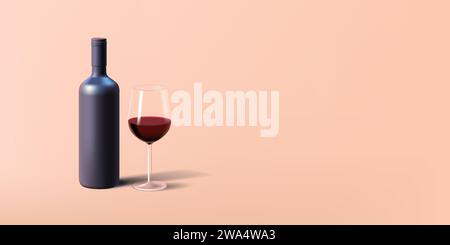 3D-Illustration einer Weinflasche mit transparentem Glas und Rotwein isolierter schwarzer Flasche Stock Vektor