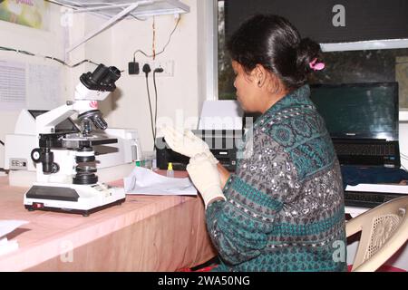 Der Pathologe zieht die Handschuhe an, um den Test durchzuführen. Indien Stockfoto