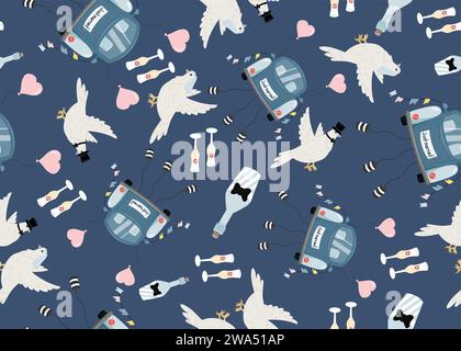 Niedliches nahtloses Hochzeitsmuster mit dem Auto für frisch vermählte Brautpaare, weißen Tauben und Champagner Stock Vektor