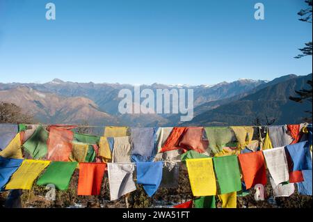 Traditionelle Gebetsfahnen, auch Lung ta genannt, sind zwischen Bäumen auf einem Bergpass in Bhutan vor den Gipfeln des Himalaya gebunden. Stockfoto