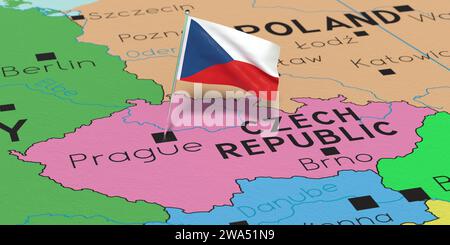 Tschechische Republik, Prag - Nationalflagge auf politischer Karte fixiert - 3D-Illustration Stockfoto