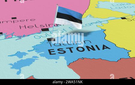 Estland, Tallinn - Nationalflagge auf politischer Karte fixiert - 3D-Illustration Stockfoto