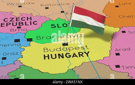 Ungarn, Budapest - Nationalflagge auf politischer Karte fixiert - 3D-Illustration Stockfoto