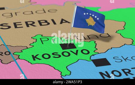 Kosovo, Pristina - Nationalflagge auf politischer Karte fixiert - 3D-Illustration Stockfoto