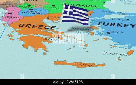 Griechenland, Athen - Nationalflagge auf politischer Karte fixiert - 3D-Illustration Stockfoto