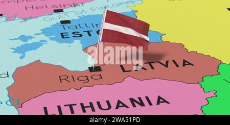 Lettland, Riga - Nationalflagge auf politischer Karte fixiert - 3D-Illustration Stockfoto