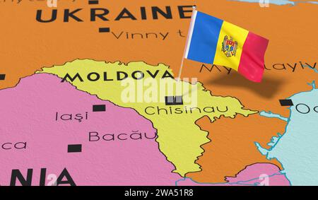 Moldau, Chisinau - Nationalflagge auf politischer Karte befestigt - 3D-Illustration Stockfoto