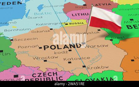 Polen, Warschau - Nationalflagge auf politischer Karte fixiert - 3D-Illustration Stockfoto