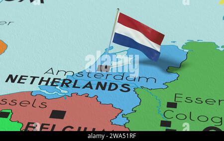 Niederlande, Amsterdam - Nationalflagge auf politischer Karte fixiert - 3D-Illustration Stockfoto