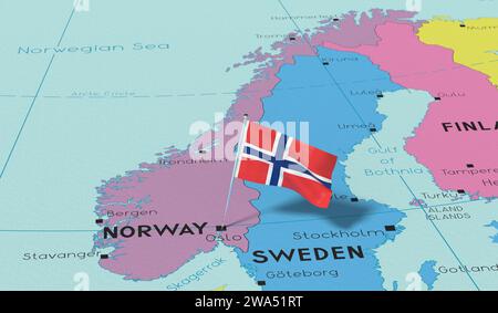 Norwegen, Oslo - Nationalflagge auf politischer Karte fixiert - 3D-Illustration Stockfoto