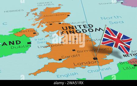 Vereinigtes Königreich, London - Nationalflagge auf politischer Karte fixiert - 3D-Illustration Stockfoto