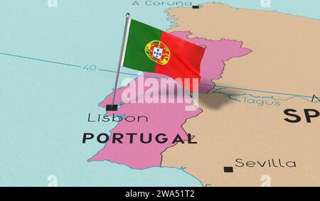 Portugal, Lissabon - Nationalflagge auf politischer Karte fixiert - 3D-Illustration Stockfoto