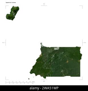 Form einer niedrig auflösenden Satellitenkarte Äquatorialguineas mit Entfernungsskala und Kartengrenzkoordinaten, isoliert auf weiß Stockfoto