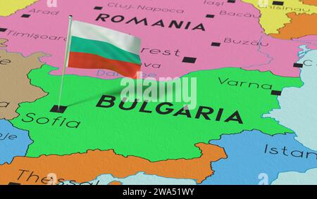 Bulgarien, Sofia - Nationalflagge auf politischer Karte fixiert - 3D-Illustration Stockfoto