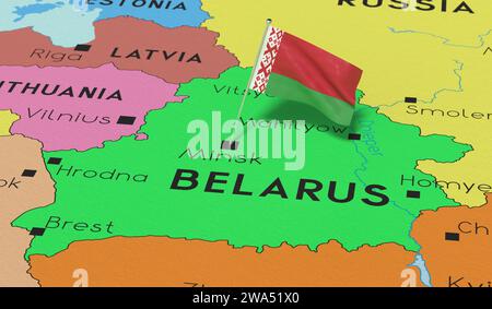 Weißrussland, Minsk - Nationalflagge auf politischer Karte fixiert - 3D-Illustration Stockfoto