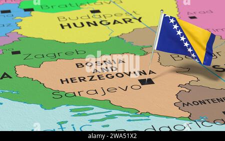 Bosnien und Herzegowina, Sarajewo - Nationalflagge auf politischer Karte fixiert - 3D-Illustration Stockfoto