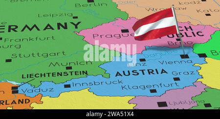 Österreich, Wien - Nationalflagge auf politischer Karte fixiert - 3D-Illustration Stockfoto