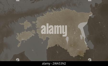Estland wird auf einer in Sepia-Tönen eingefärbten Höhenkarte mit Seen und Flüssen hervorgehoben Stockfoto