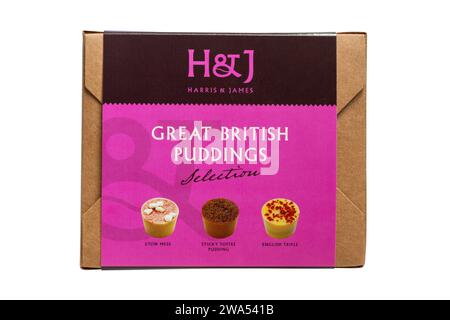 Schachtel mit H&J Harris & James Great British Puddings Selection Pralinen isoliert auf weißem Hintergrund - handgefertigt aus feinstem Kakao aus Bohnen Stockfoto