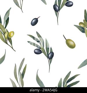 Nahtloses Aquarellmuster mit Olivenbaumblättern, Zweigen, grünen und schwarzen Olivenfrüchten. Handgemalte Blumenillustration für Küchentextilien Stockfoto