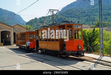 Vintage Soller Tram am Bahnhof Soller Mallorca Spanien Stockfoto