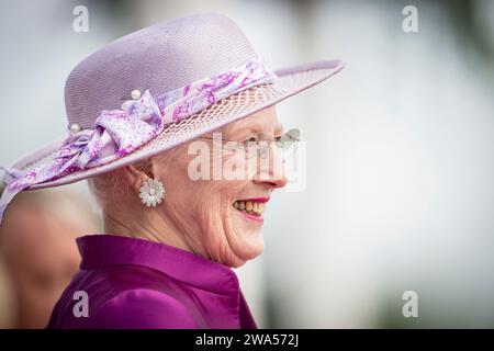 Akte - Königin Margrethe, bevor sie den norwegischen König Harald und Königin Sonja am Donnerstag, den 15. Juni 2023 in Toldbolden im Kopenhagener Hafen empfängt. Denmarks Queen Margrethe gab in ihrer Neujahrsrede bekannt, dass sie am 14. Januar 2024 abdankt. Kronprinz Frederik wird ihren Platz einnehmen und König Frederik der 10. Von Dänemark werden. Stockfoto