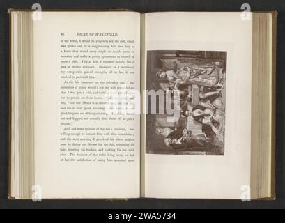 Fotoproduktion von einem Druck zu einem Gemälde von Daniel Maclise, die eine Szene aus dem Vikar von Wakefield von Oliver Goldsmith, Anonymous, um 1870 darstellt - in oder vor 1880 fotomechanischen Druck auf dem Druck wird ein Mann von zwei Frauen gekleidet und betreut. Papierdruck, z. B.: Gravur, Ätzen, Lithografie Stockfoto