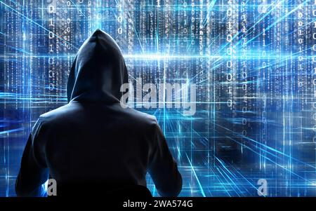 Hacker in Hood und Binärdaten, Cyberkriminalität, Ransomware, Datenmissbrauch und Phishing-Konzept Stockfoto