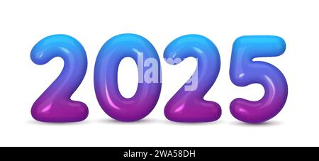 Happy New 2025 Year. Violette Zahl aus Kunststoff in Form von Ballons. Realistisches 3D-Rendering. Vektorabbildung Stock Vektor