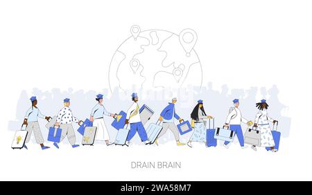 Brain Drain. Einwanderung von Absolventen. Studien- und Arbeitsmöglichkeiten für junge Fachkräfte im Ausland. Bunte Vektorillustration. Einfaches Design mit Out Stock Vektor