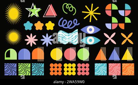 Abstrakte Brutalism-Elemente setzen Vintage-Stil. Sammlung brutalistischer geometrischer Formen. Trendige, minimalistische Grundfiguren, Linien, Blumen, Kreise Stock Vektor
