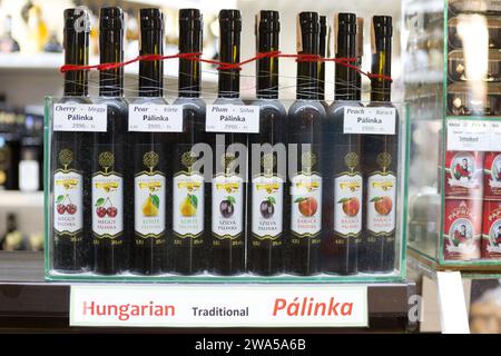 Ungarn, Budapest, traditioneller ungarischer Obstbrand zum Verkauf auf dem Indoor City Market. Stockfoto