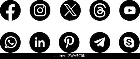 Symbol für soziale Medien 2024. X, Threads, Facebook, Instagram, YouTube, LinkedIn, Pinterest, WhatsApp, Telegramm Stock Vektor
