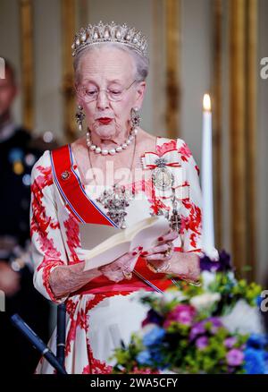 Akte - Königin Margrethe während des offiziellen Besuchs der norwegischen Königspaare in Dänemark auf Schloss Amalienborg in Kopenhagen, Dänemark, Donnerstag, 15. Juni 2023. Das norwegische Königspaar ist auf einem offiziellen Besuch in Dänemark. Denmarks Queen Margrethe gab in ihrer Neujahrsrede bekannt, dass sie am 14. Januar 2024 abdankt. Kronprinz Frederik wird ihren Platz einnehmen und König Frederik der 10. Von Dänemark werden. Stockfoto