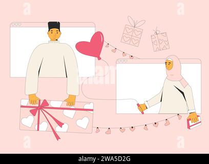 Valentinstag-Geschenketausch. Virtuelle Online-Dating. Junge Paare schenken Geschenke. Ich liebe die Feiertage. Leute mit Geschenkschachteln in Herzform. Lo Stock Vektor
