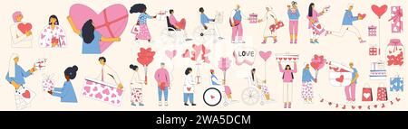 Geschenke zum Valentinstag in Herzform im Retro-Groove-Stil. Geschenketausch. Am 14. Februar wurde die Personensammlung isoliert. Vektor flach Ou Stock Vektor