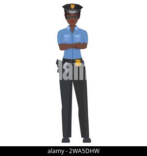 Schwarze Polizistin mit gekreuzten Armen. Selbstbewusste weibliche Polizistin Cartoon-Vektor-Illustration Stock Vektor