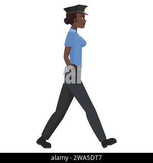 Seitenansicht einer wandelnden schwarzen Polizistin. Weibliche Polizeibeamte Cartoon-Vektor-Illustration Stock Vektor