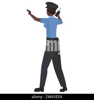 Rückansicht der schwarzen Polizei, die mit einer Waffe zeigt. Afrikanischer Offizier mit Walkie Talkie Cartoon Vektor Illustration Stock Vektor